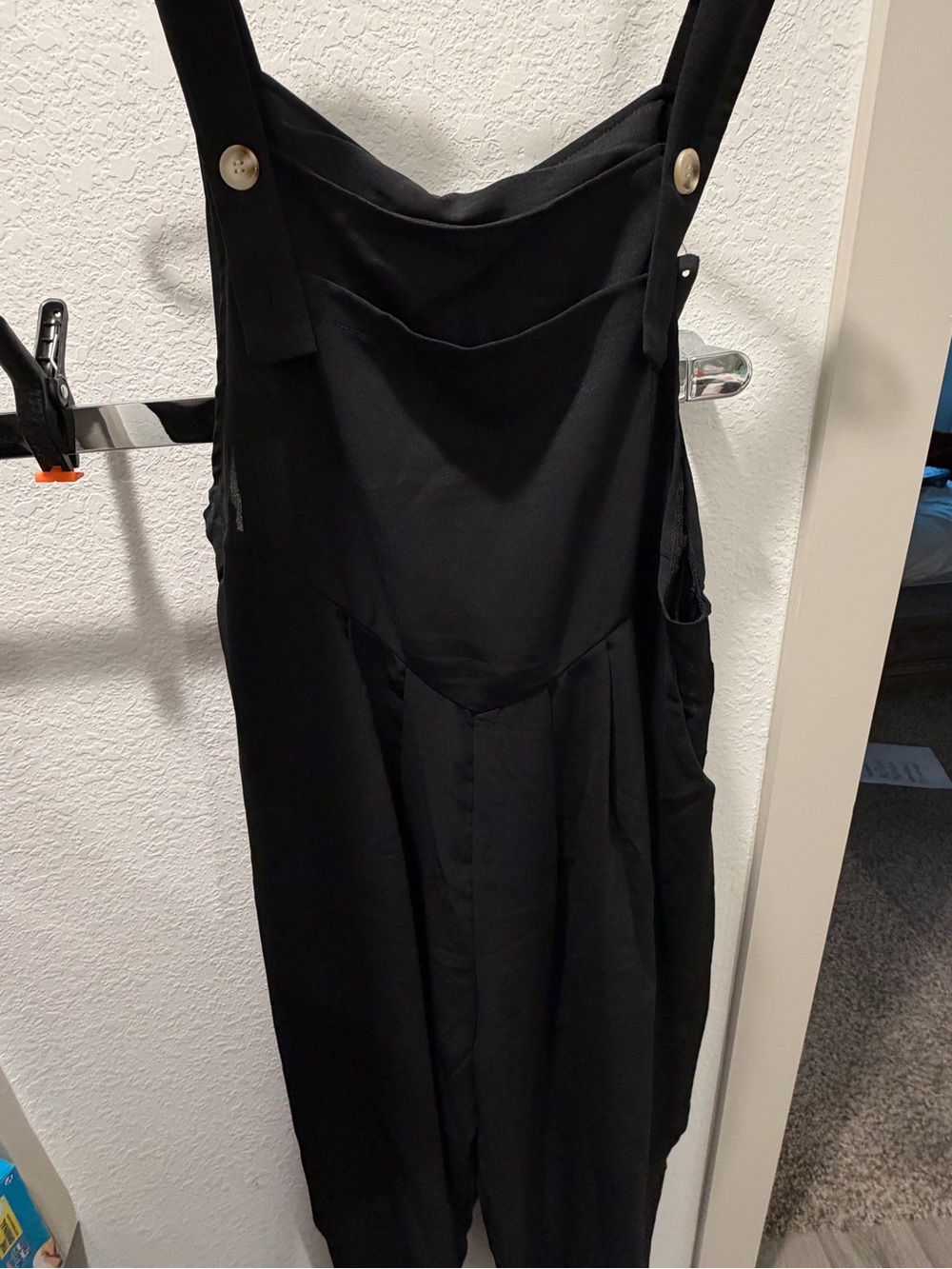 Black Wide Leg Overall Jumpsuit Button Strap Casual Romper